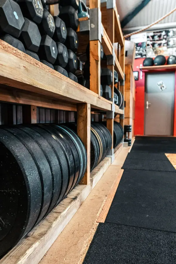 Disques olympiques et haltères hexagonaux sur les racks en bois de la box.